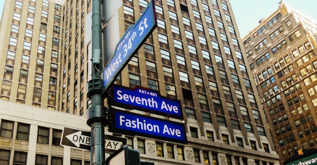 View of a street sign at West 34th and Seventh Avenue in downtown Manhattan, New York City.